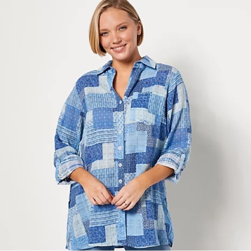 Joan Rivers Regular Patchwork Plaid Cotton Tunic Shirt Blue Size 1Xp